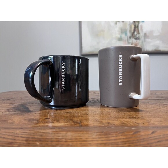 Starbucks Mugs 2 Mug Set.  Tan With White Handle And Metallic.  Excellent - Picture 1 of 8